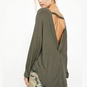 Free People Boho Shimmy Shake Top Olive Green Open Back Top Small
